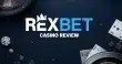 Rexbet casino review banner with roulette wheels, playing cards and poker chips on a dark blue casino-themed background.
